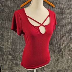 AERO red‎ ribbed criss cross neckline short sleeve shirt top womens size large